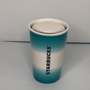 Starbucks Ceramic Tumbler Travel Cup Ombré Teal and White 8oz Coffee Tea w Lid